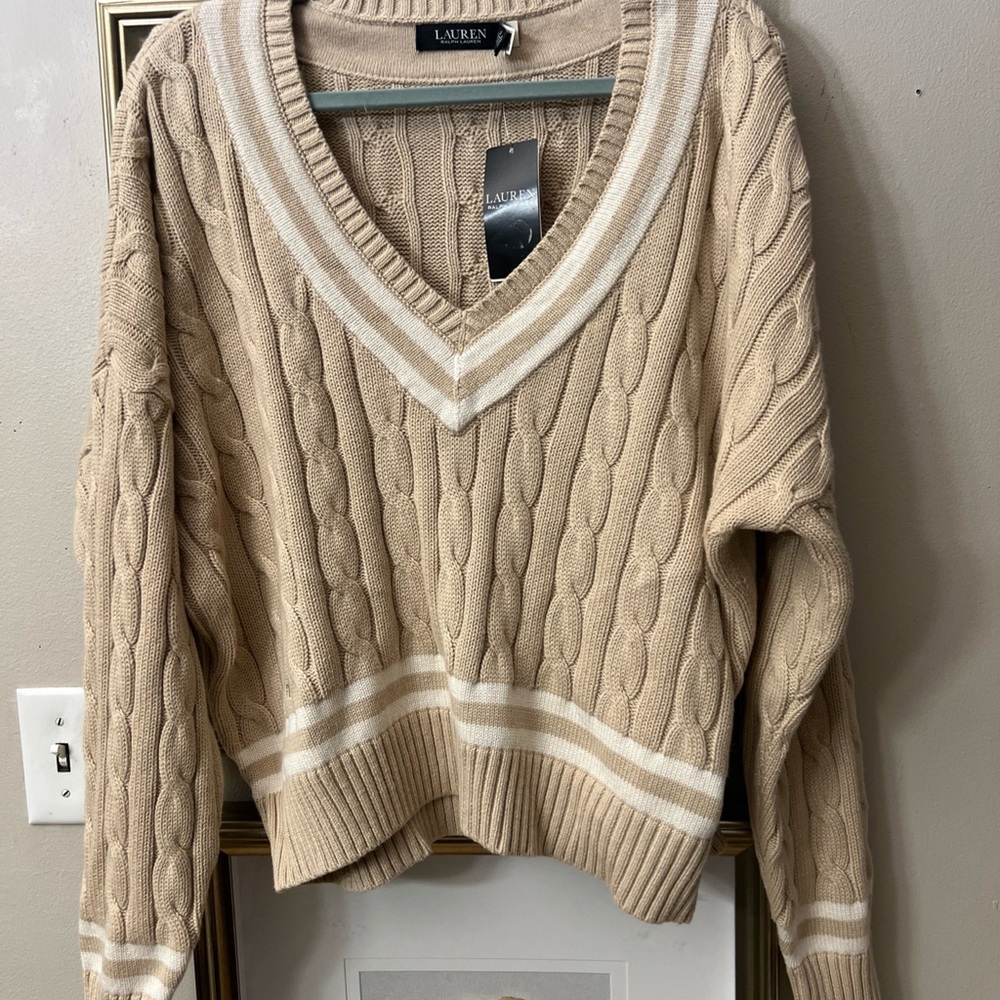 Ralph Lauren Tan V-Neck Cable Knit cotton/cashmere TEDURPH Sweater AUTHENTICATED